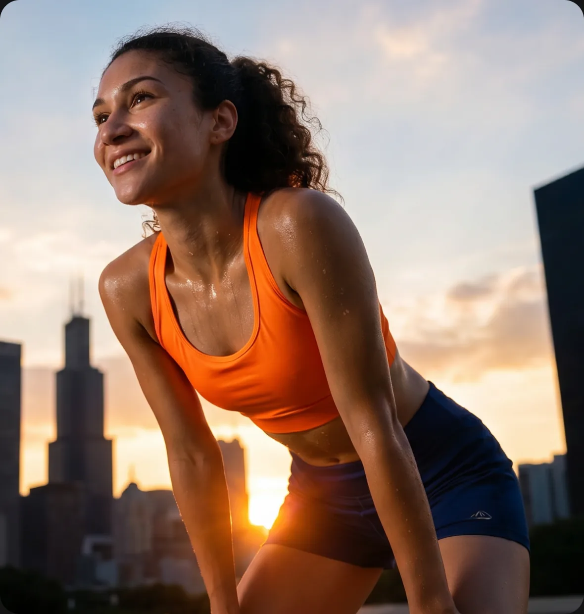 Corredora sorrindo ao recuperar o fôlego depois do treino, com o pôr do sol e a cidade ao fundo