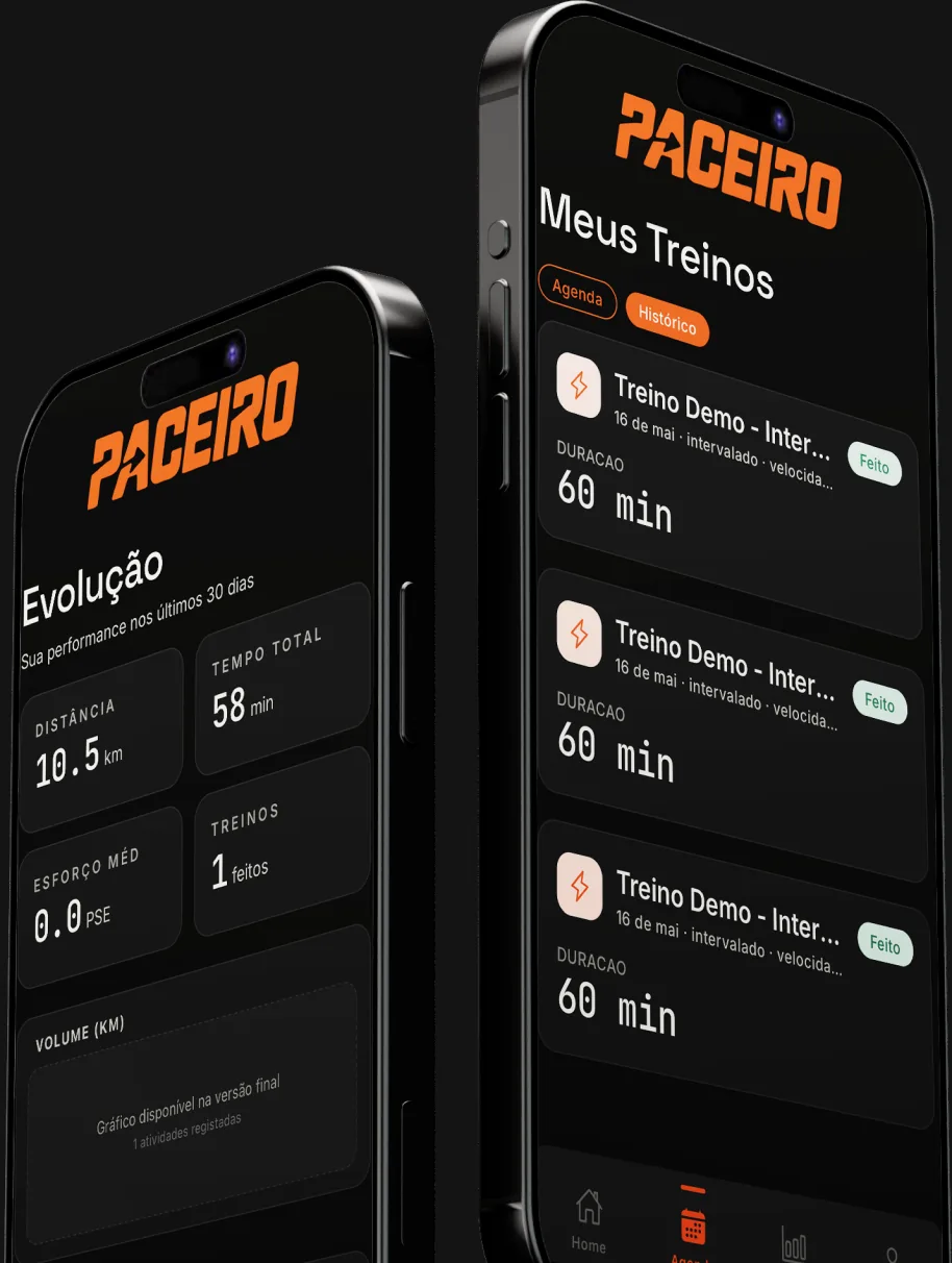 Dois celulares com o app Paceiro abertos: a tela de evolução do aluno, com distância, tempo total e esforço médio, e a lista de treinos da semana.