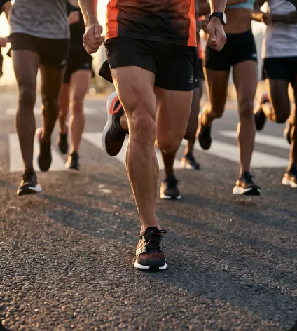 Grupo de corredores lado a lado durante um treino coletivo no asfalto